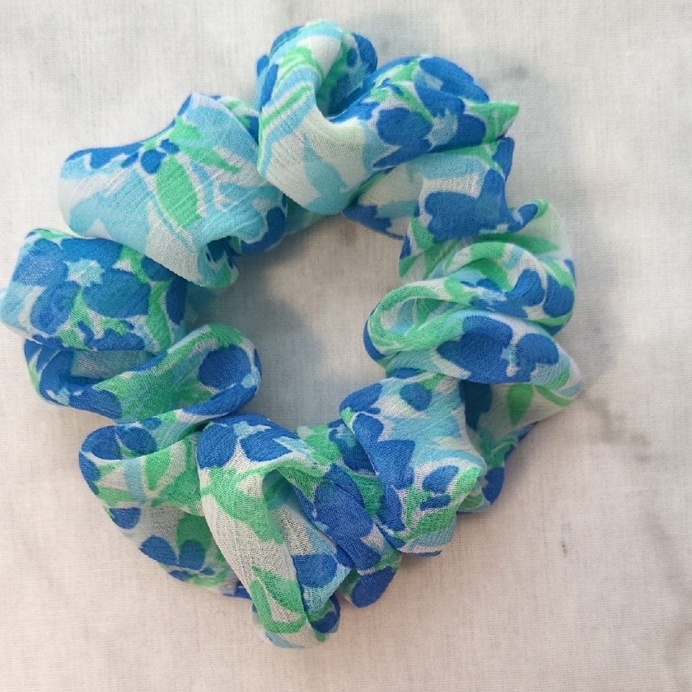 3/$20 Floral Blue and Green Hair Scrunchie - Picture 1 of 2